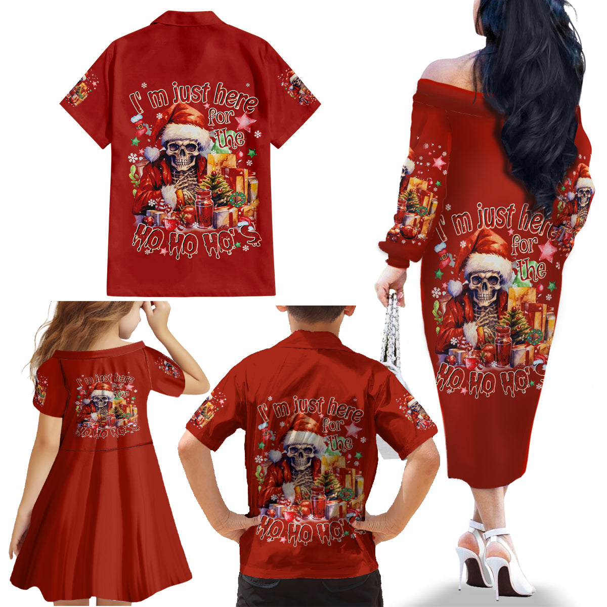 Skeleton Santa Claus Family Matching Off Shoulder Long Sleeve Dress and Hawaiian Shirt I'm Just Here For The Ho Ho Ho - Wonder Print Shop