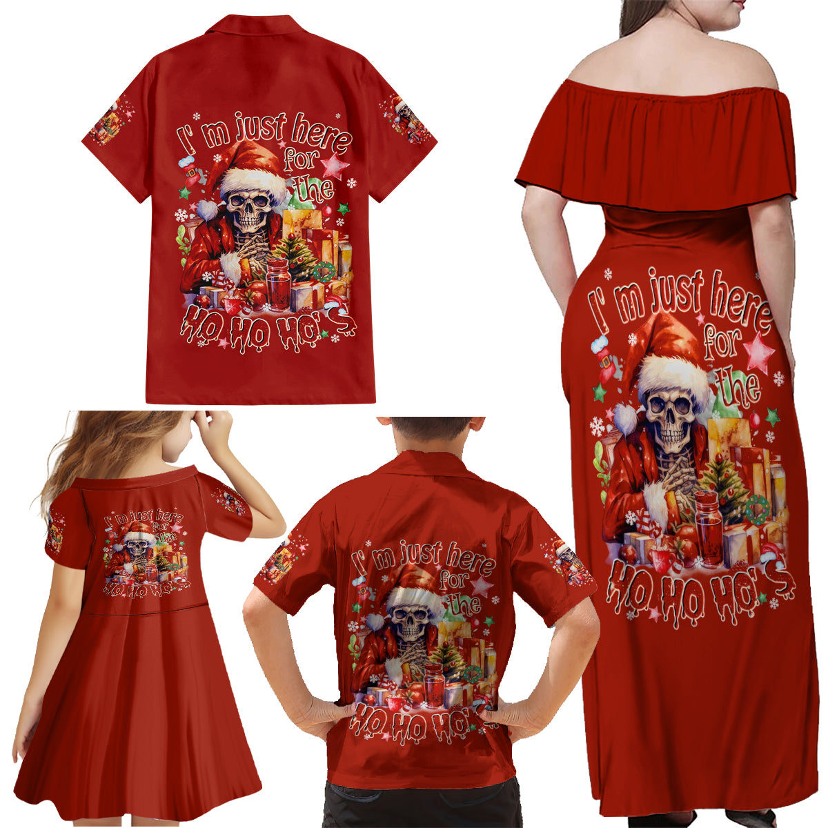 Skeleton Santa Claus Family Matching Off Shoulder Maxi Dress and Hawaiian Shirt I'm Just Here For The Ho Ho Ho - Wonder Print Shop