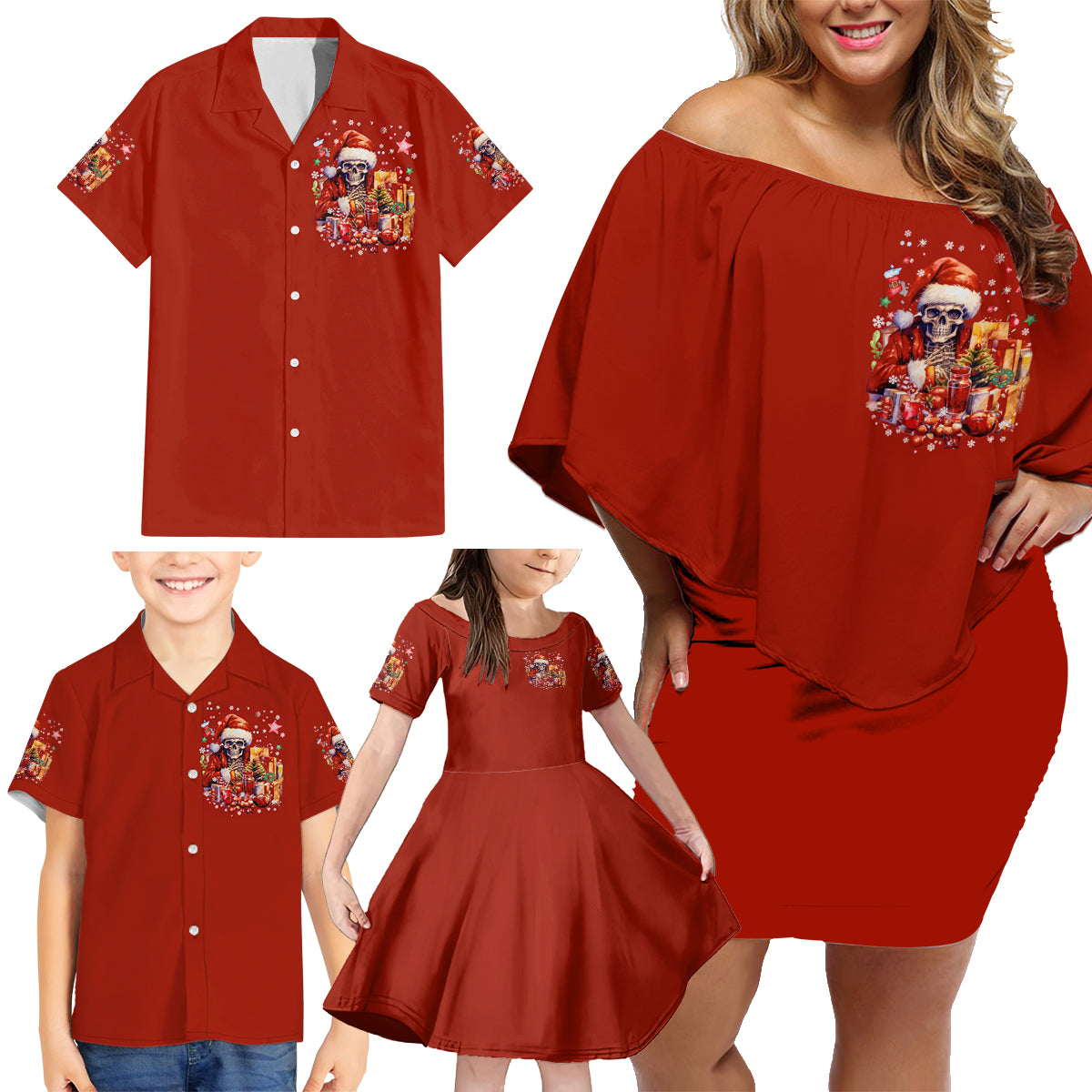 Skeleton Santa Claus Family Matching Off Shoulder Short Dress and Hawaiian Shirt I'm Just Here For The Ho Ho Ho - Wonder Print Shop