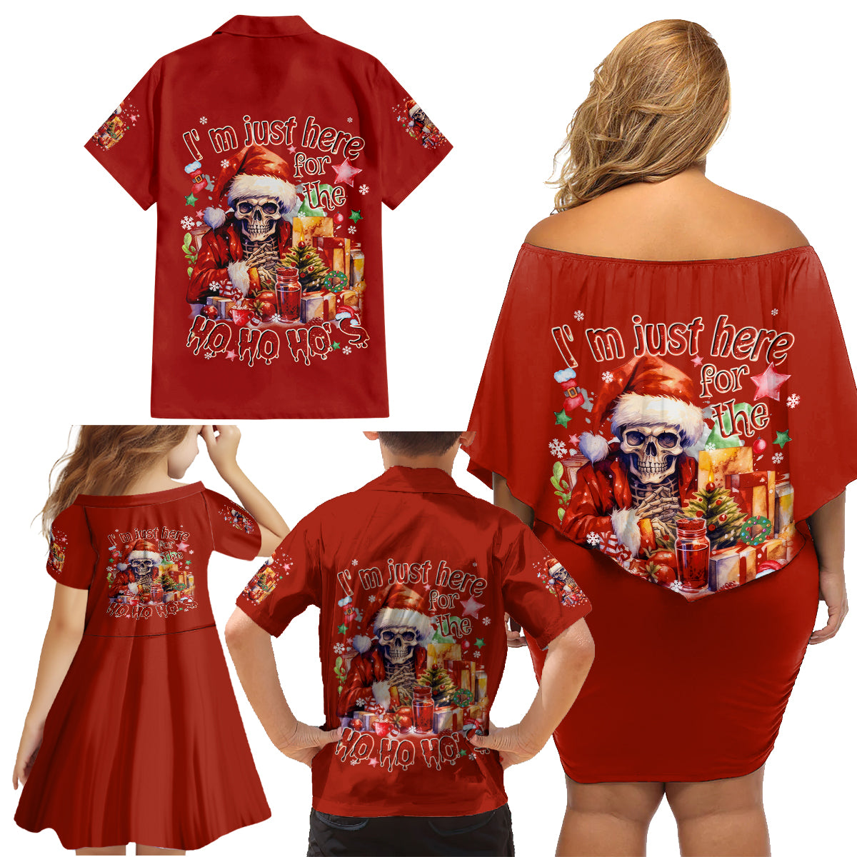 Skeleton Santa Claus Family Matching Off Shoulder Short Dress and Hawaiian Shirt I'm Just Here For The Ho Ho Ho - Wonder Print Shop