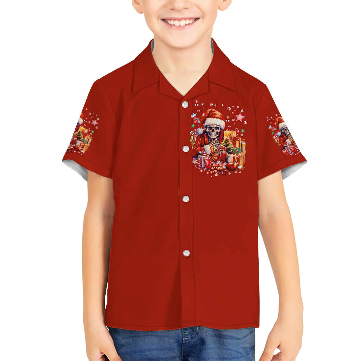 Skeleton Santa Claus Family Matching Off Shoulder Short Dress and Hawaiian Shirt I'm Just Here For The Ho Ho Ho - Wonder Print Shop