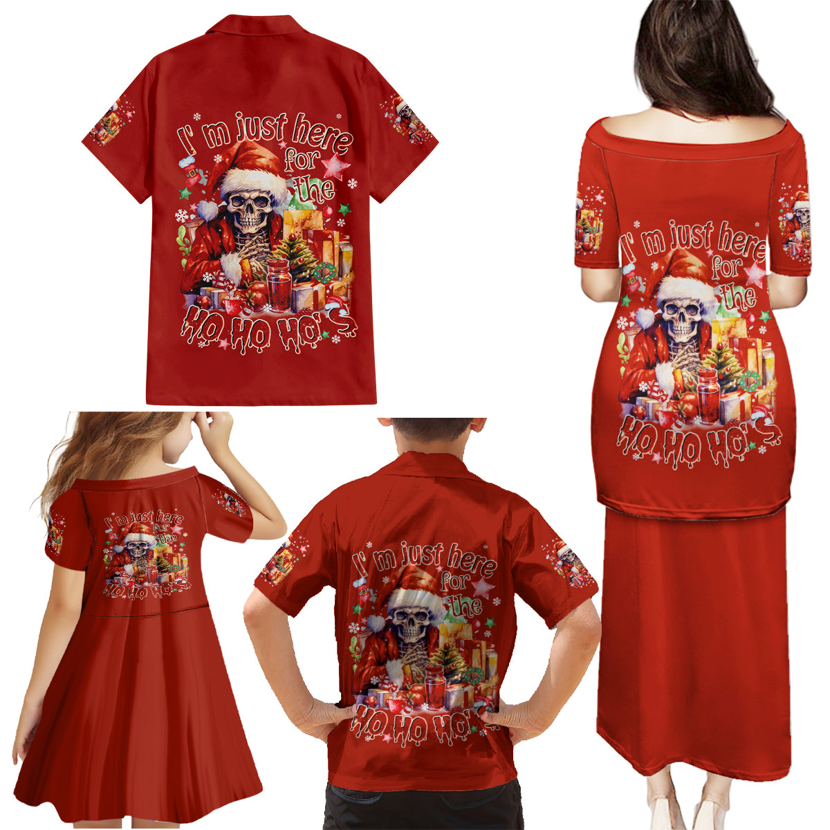 Skeleton Santa Claus Family Matching Puletasi Dress and Hawaiian Shirt I'm Just Here For The Ho Ho Ho - Wonder Print Shop