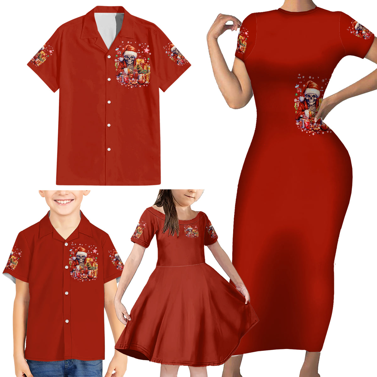 Skeleton Santa Claus Family Matching Short Sleeve Bodycon Dress and Hawaiian Shirt I'm Just Here For The Ho Ho Ho - Wonder Print Shop