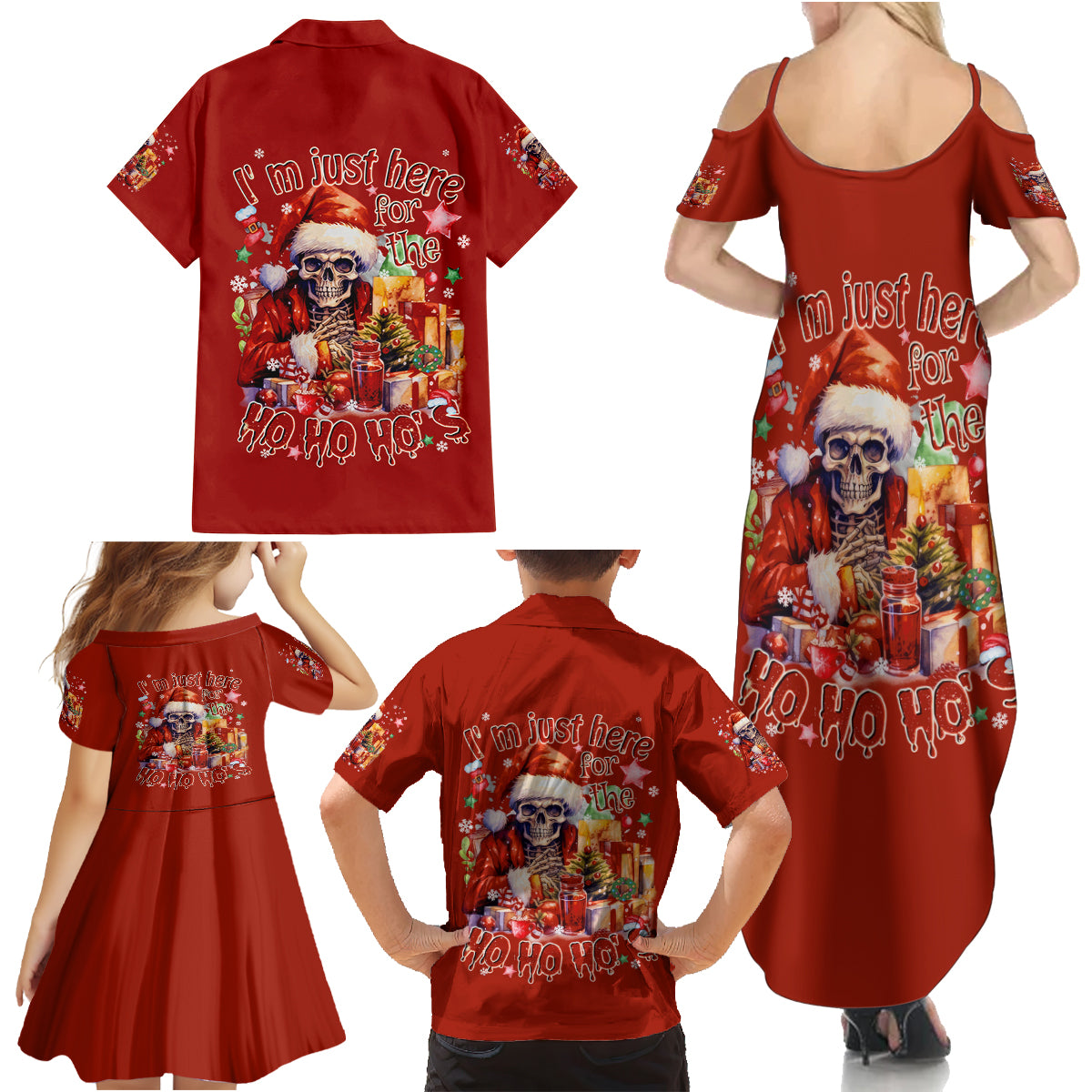 Skeleton Santa Claus Family Matching Summer Maxi Dress and Hawaiian Shirt I'm Just Here For The Ho Ho Ho - Wonder Print Shop