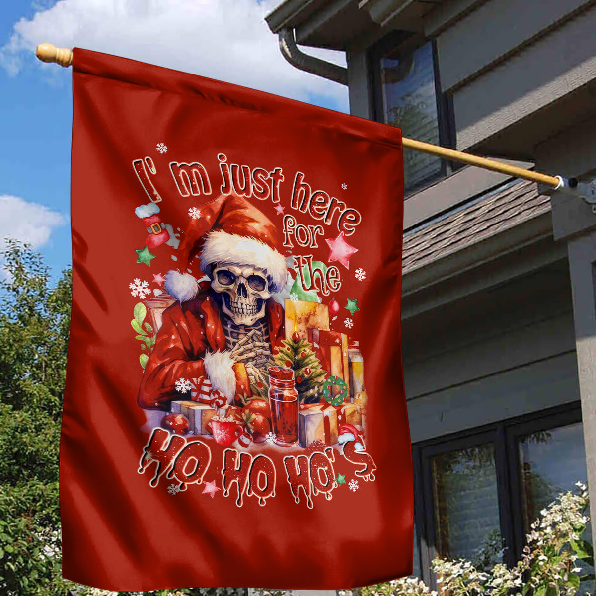 Skeleton Santa Claus Garden Flag I'm Just Here For The Ho Ho Ho - Wonder Print Shop