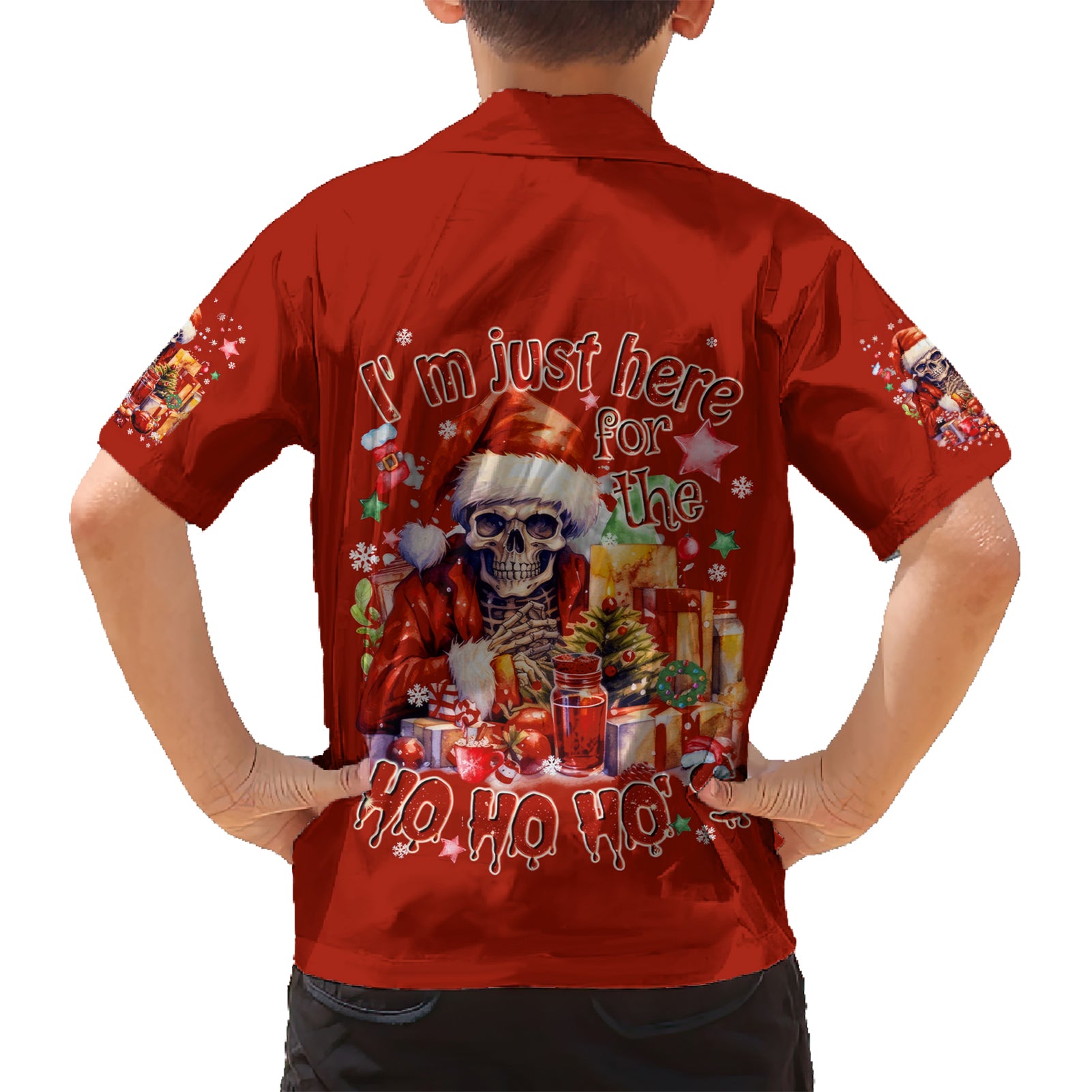 Skeleton Santa Claus Kid Hawaiian Shirt I'm Just Here For The Ho Ho Ho - Wonder Print Shop