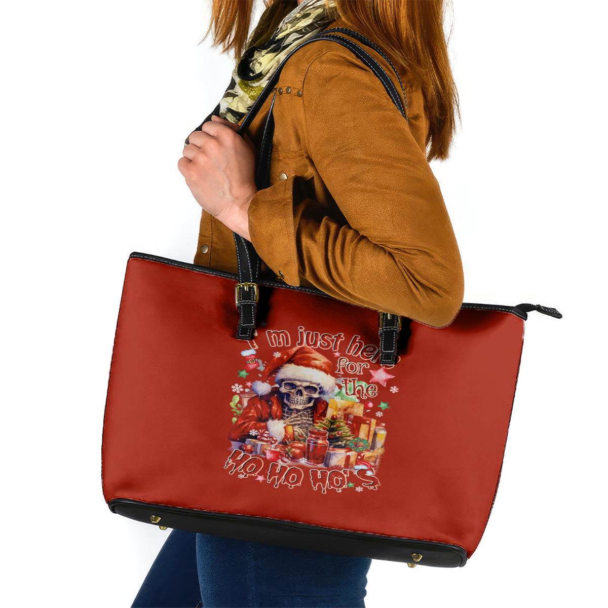 Skeleton Santa Claus Leather Tote Bag I'm Just Here For The Ho Ho Ho - Wonder Print Shop