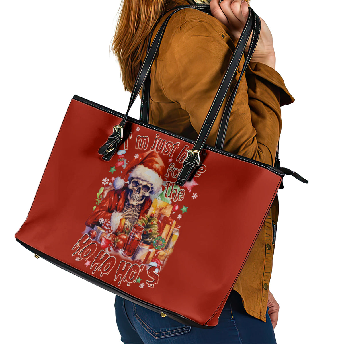 Skeleton Santa Claus Leather Tote Bag I'm Just Here For The Ho Ho Ho - Wonder Print Shop