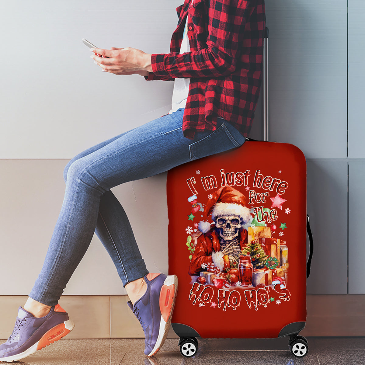 Skeleton Santa Claus Luggage Cover I'm Just Here For The Ho Ho Ho - Wonder Print Shop