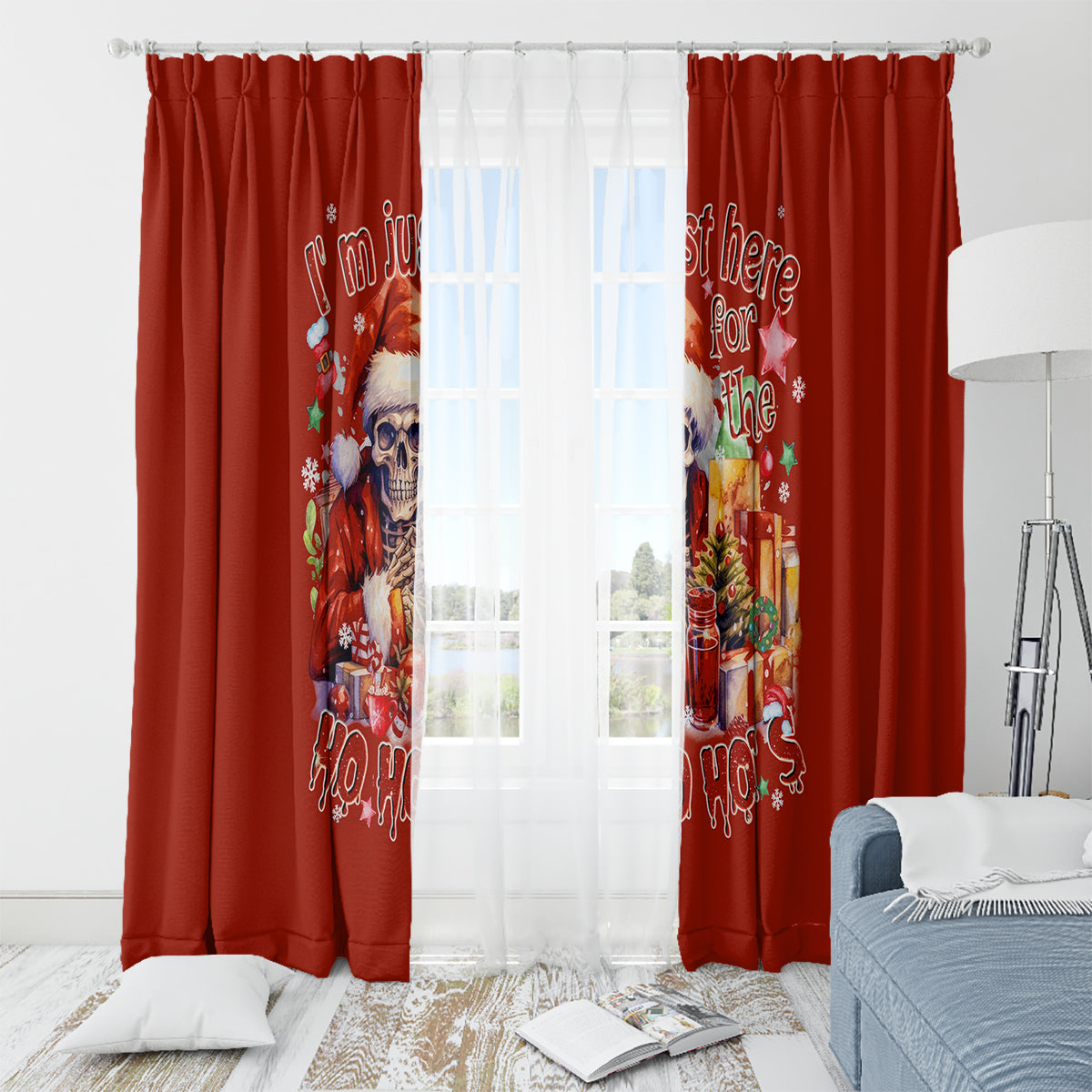 Skeleton Santa Claus Window Curtain I'm Just Here For The Ho Ho Ho - Wonder Print Shop