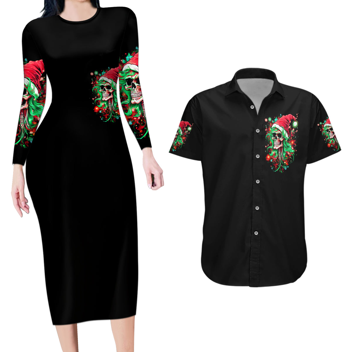 Skull Santa Girl Couples Matching Long Sleeve Bodycon Dress and Hawaiian Shirt Is This Jolly Enough - Wonder Print Shop