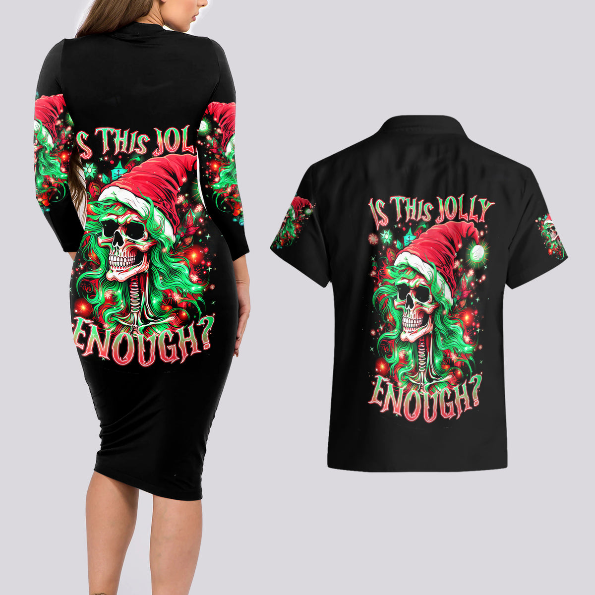 Skull Santa Girl Couples Matching Long Sleeve Bodycon Dress and Hawaiian Shirt Is This Jolly Enough - Wonder Print Shop