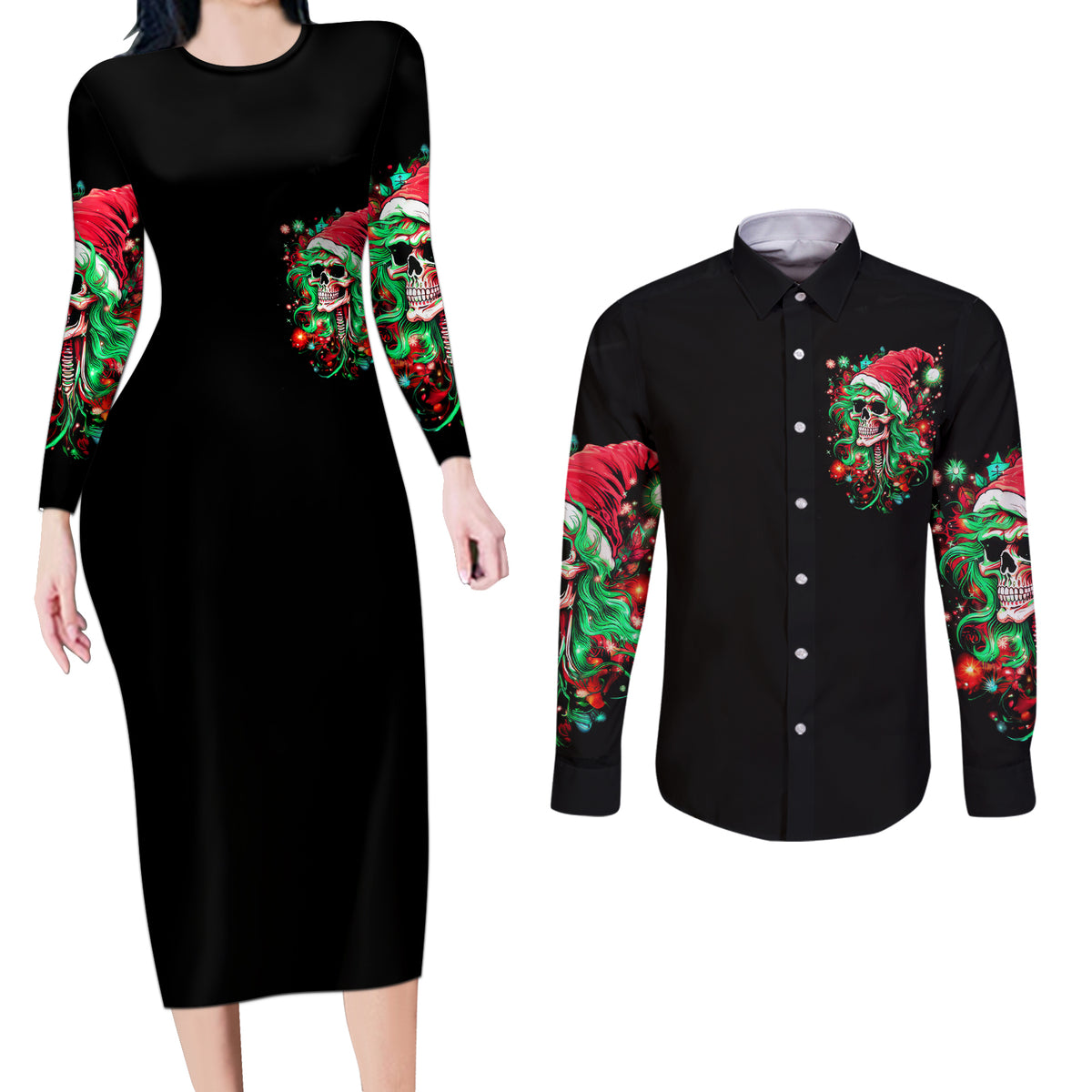 Skull Santa Girl Couples Matching Long Sleeve Bodycon Dress and Long Sleeve Button Shirt Is This Jolly Enough - Wonder Print Shop