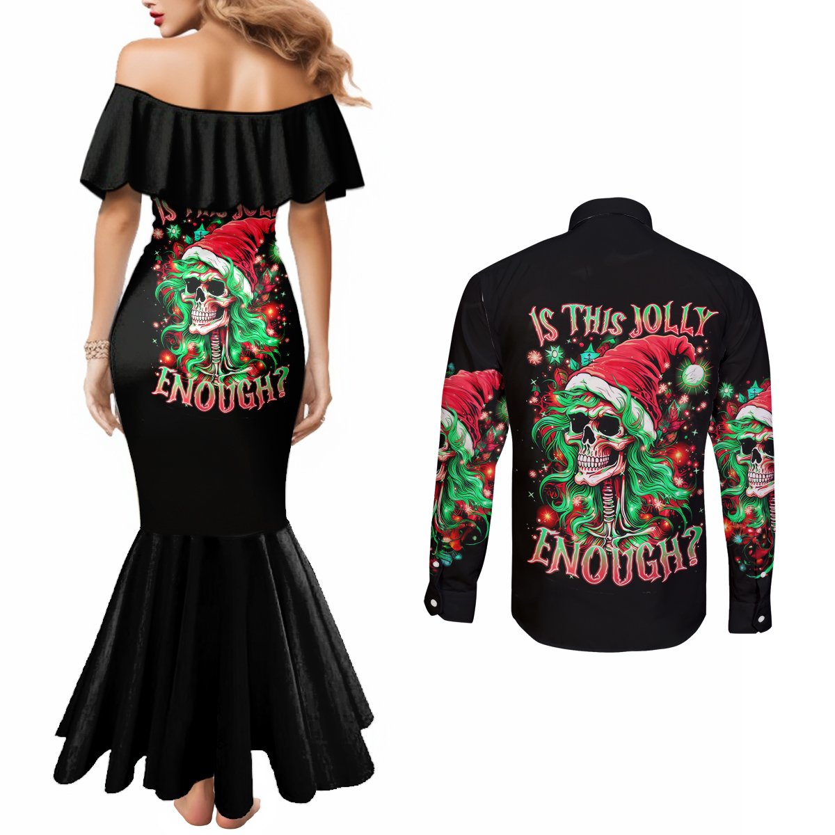 skull-santa-girl-couples-matching-mermaid-dress-and-long-sleeve-button-shirt-is-this-jolly-enough