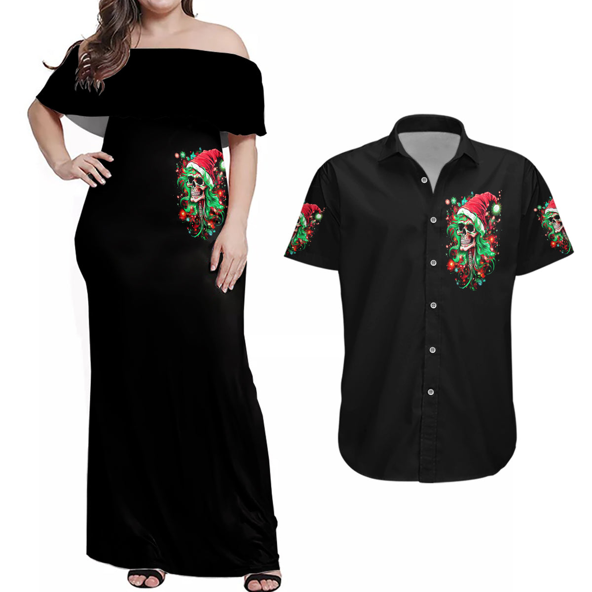 Skull Santa Girl Couples Matching Off Shoulder Maxi Dress and Hawaiian Shirt Is This Jolly Enough - Wonder Print Shop