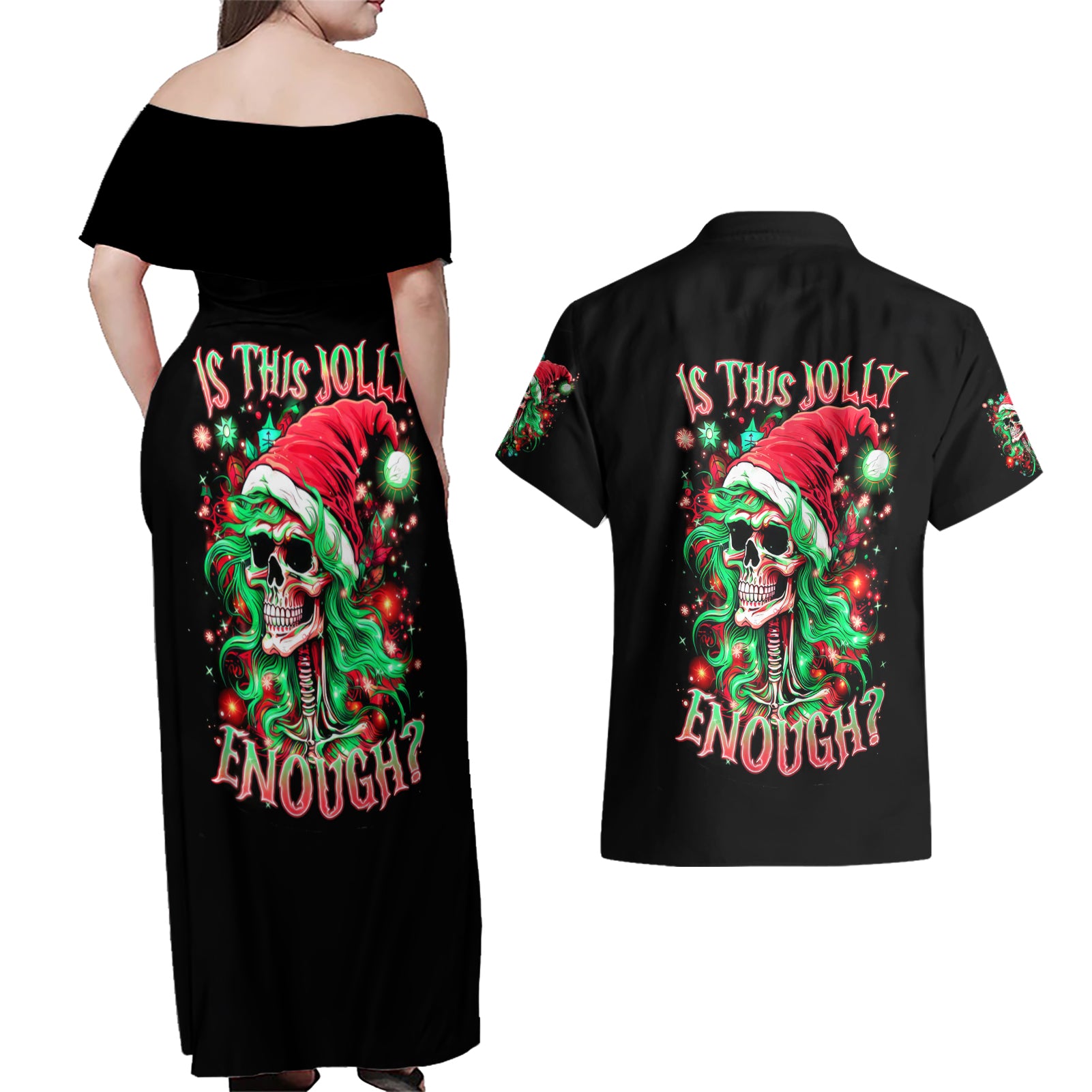 Skull Santa Girl Couples Matching Off Shoulder Maxi Dress and Hawaiian Shirt Is This Jolly Enough - Wonder Print Shop