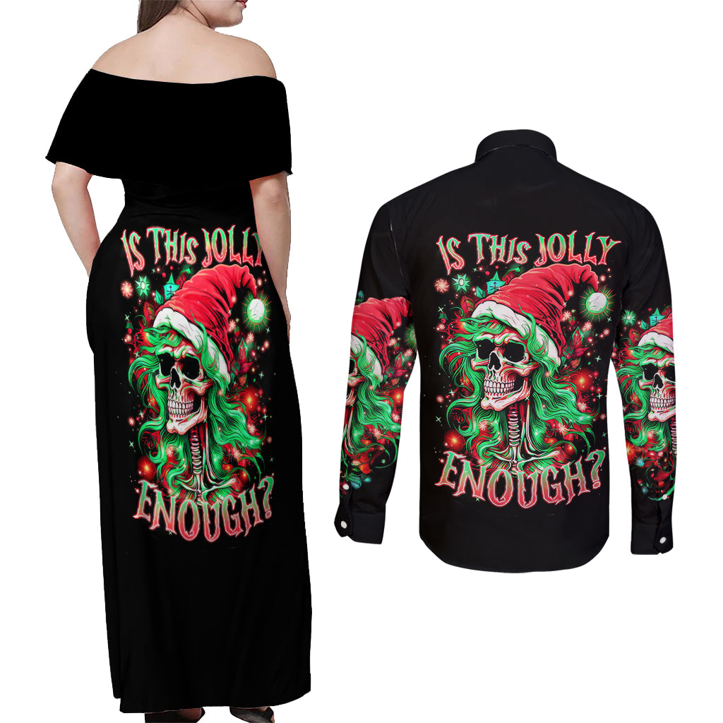 Skull Santa Girl Couples Matching Off Shoulder Maxi Dress and Long Sleeve Button Shirt Is This Jolly Enough - Wonder Print Shop