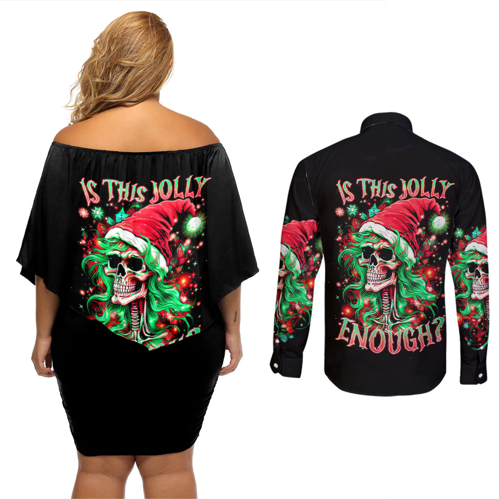 Skull Santa Girl Couples Matching Off Shoulder Short Dress and Long Sleeve Button Shirt Is This Jolly Enough - Wonder Print Shop