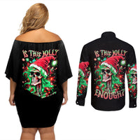 Skull Santa Girl Couples Matching Off Shoulder Short Dress and Long Sleeve Button Shirt Is This Jolly Enough - Wonder Print Shop