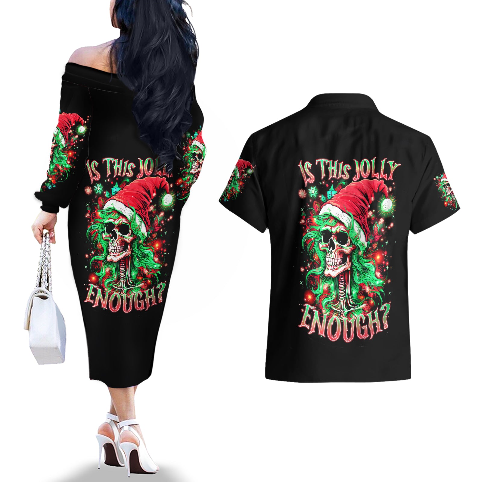 Skull Santa Girl Couples Matching Off The Shoulder Long Sleeve Dress and Hawaiian Shirt Is This Jolly Enough - Wonder Print Shop