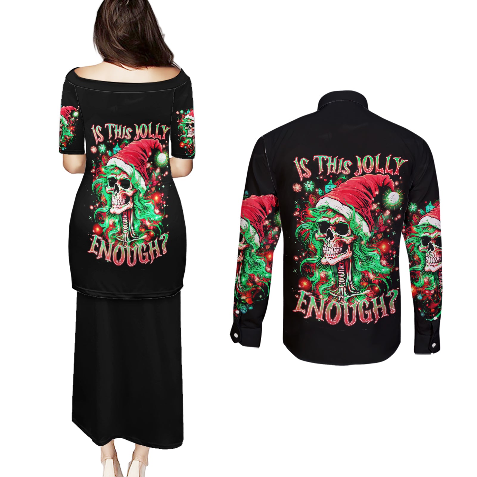 Skull Santa Girl Couples Matching Puletasi Dress and Long Sleeve Button Shirt Is This Jolly Enough - Wonder Print Shop