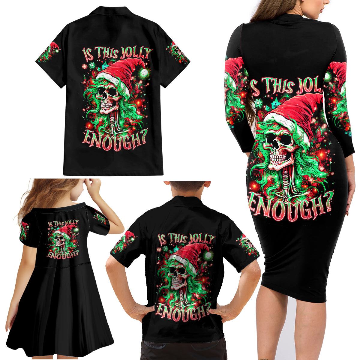 Skull Santa Girl Family Matching Long Sleeve Bodycon Dress and Hawaiian Shirt Is This Jolly Enough - Wonder Print Shop