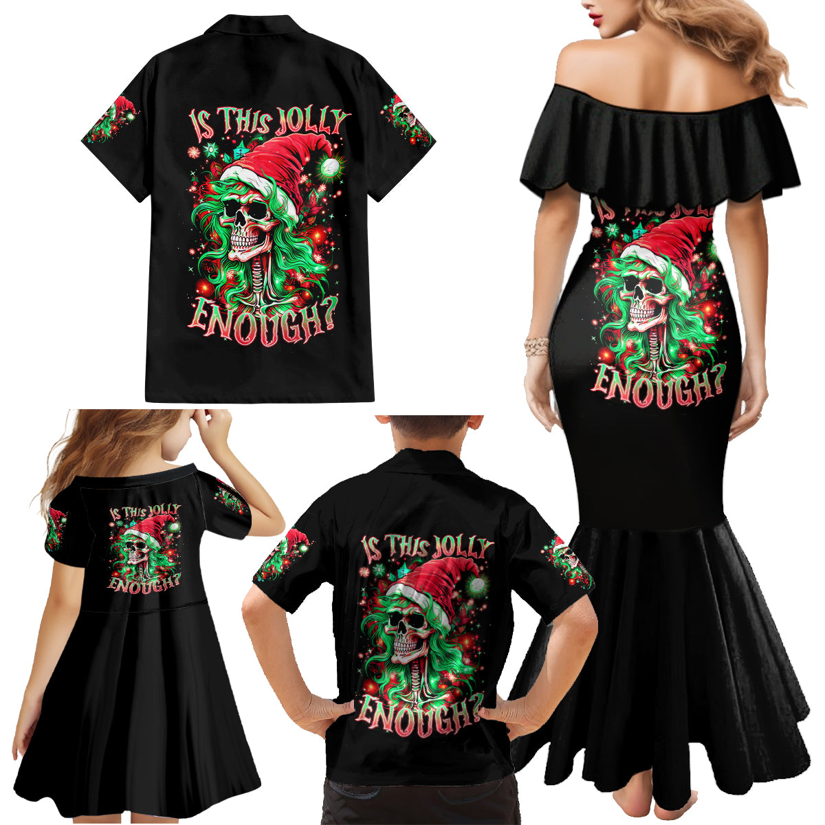Skull Santa Girl Family Matching Mermaid Dress and Hawaiian Shirt Is This Jolly Enough - Wonder Print Shop