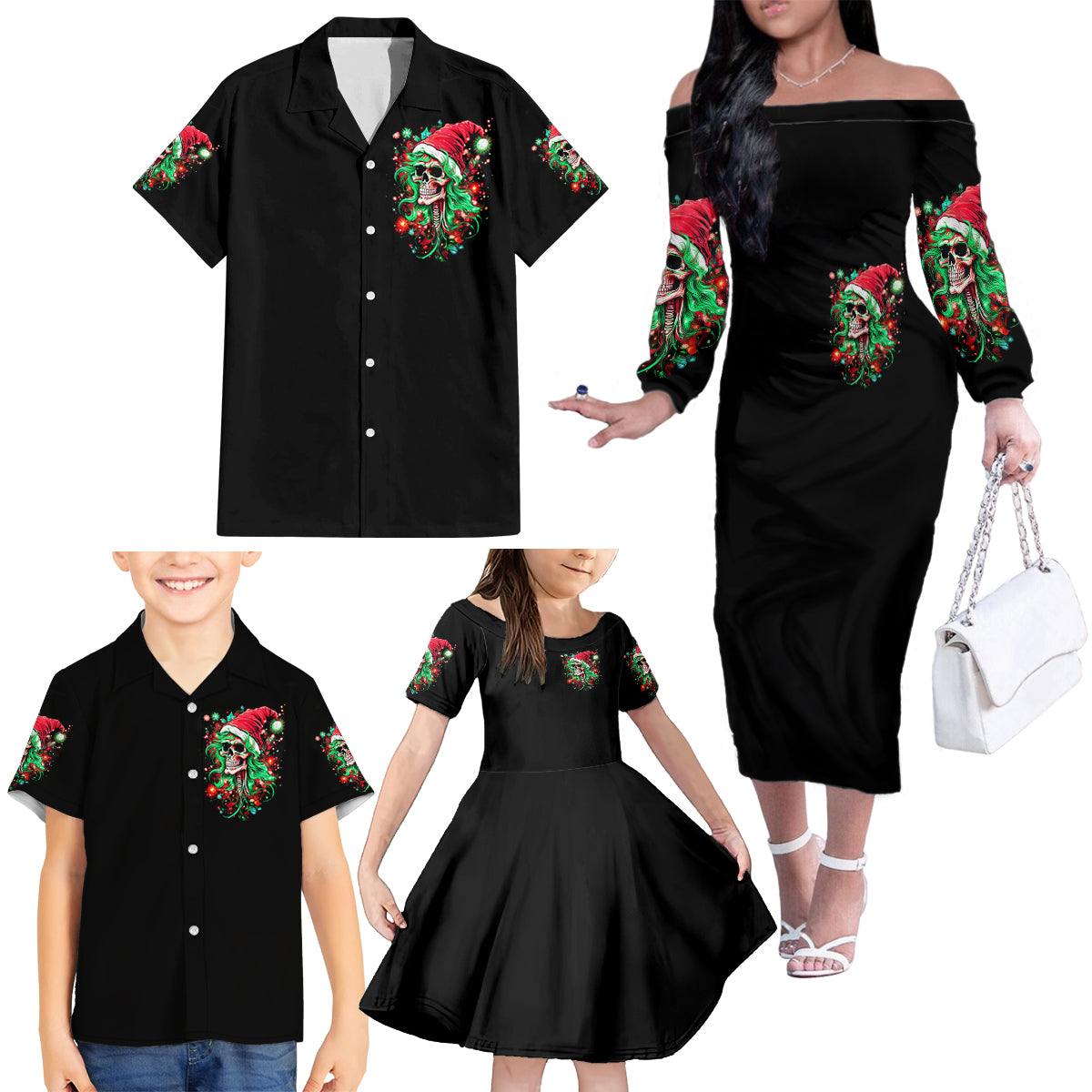 Skull Santa Girl Family Matching Off Shoulder Long Sleeve Dress and Hawaiian Shirt Is This Jolly Enough - Wonder Print Shop