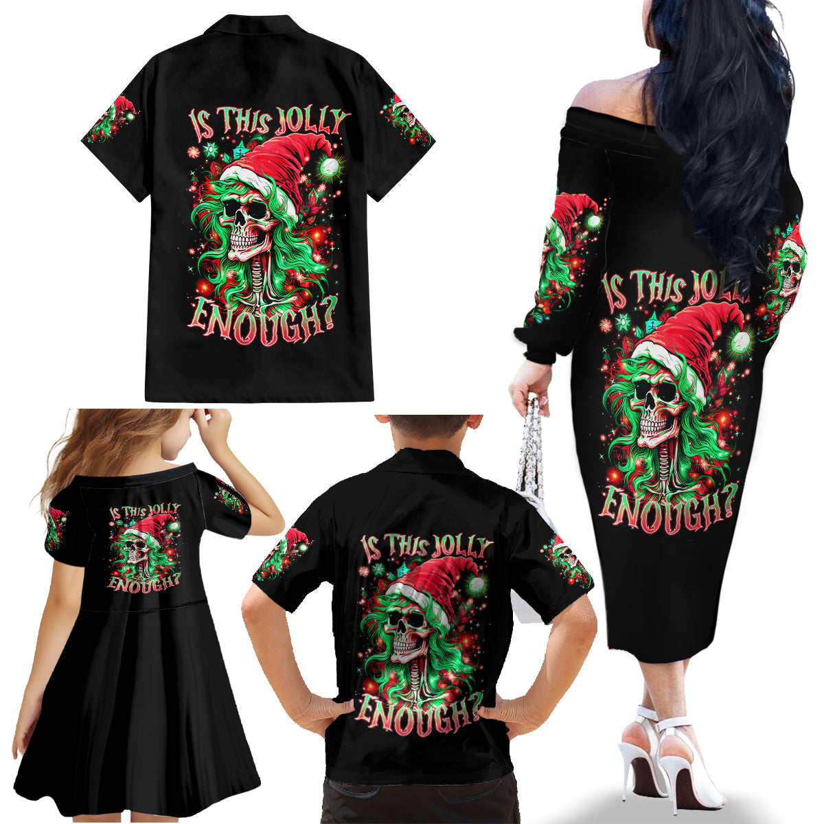 Skull Santa Girl Family Matching Off Shoulder Long Sleeve Dress and Hawaiian Shirt Is This Jolly Enough - Wonder Print Shop