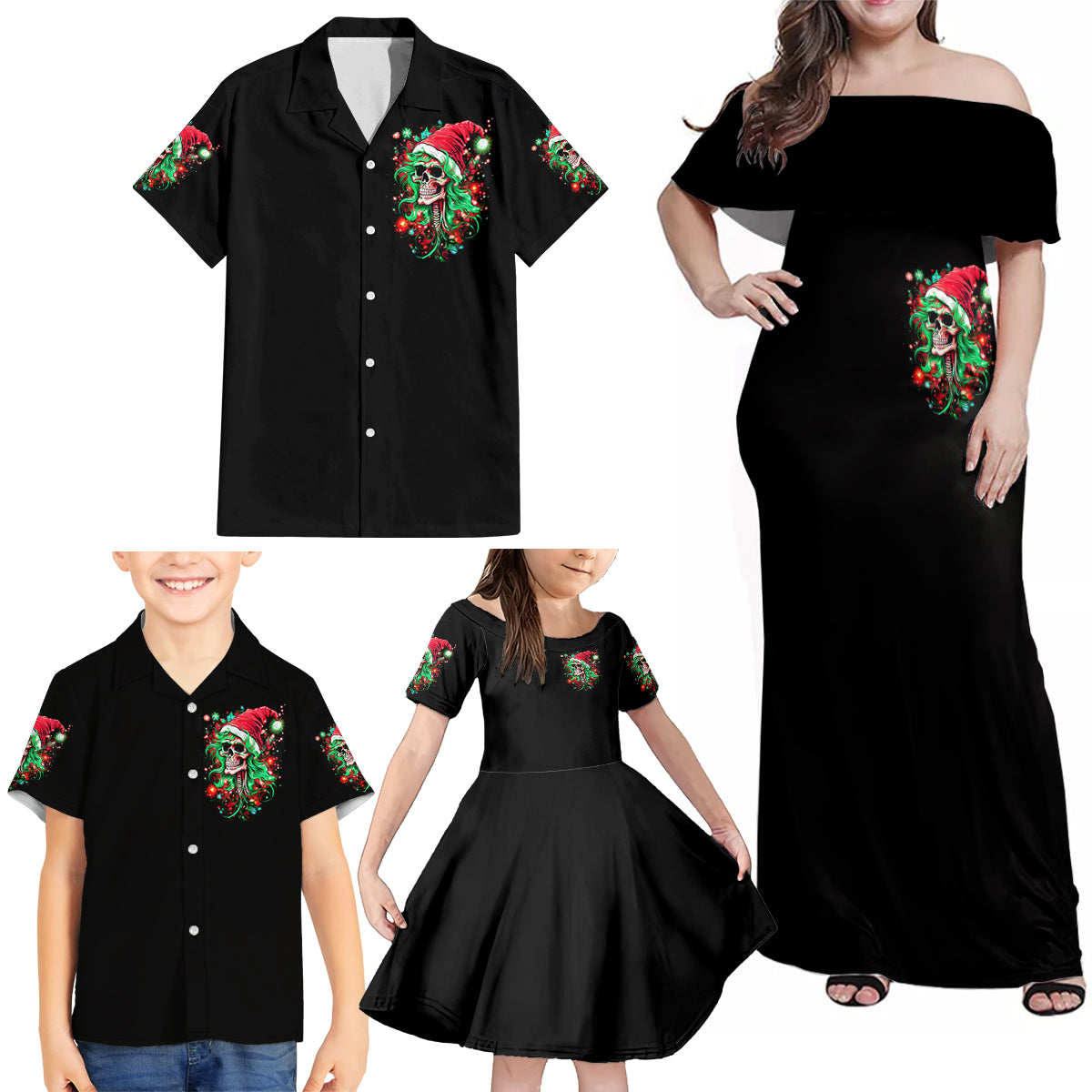 Skull Santa Girl Family Matching Off Shoulder Maxi Dress and Hawaiian Shirt Is This Jolly Enough - Wonder Print Shop