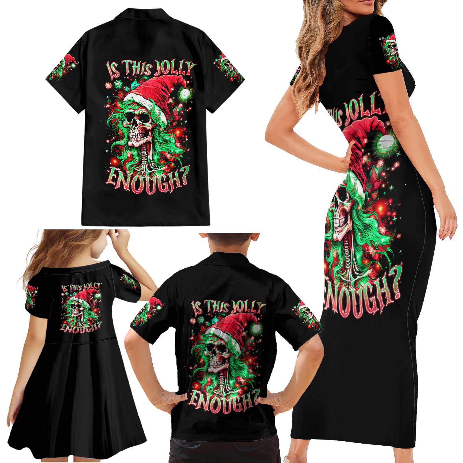 Skull Santa Girl Family Matching Short Sleeve Bodycon Dress and Hawaiian Shirt Is This Jolly Enough - Wonder Print Shop
