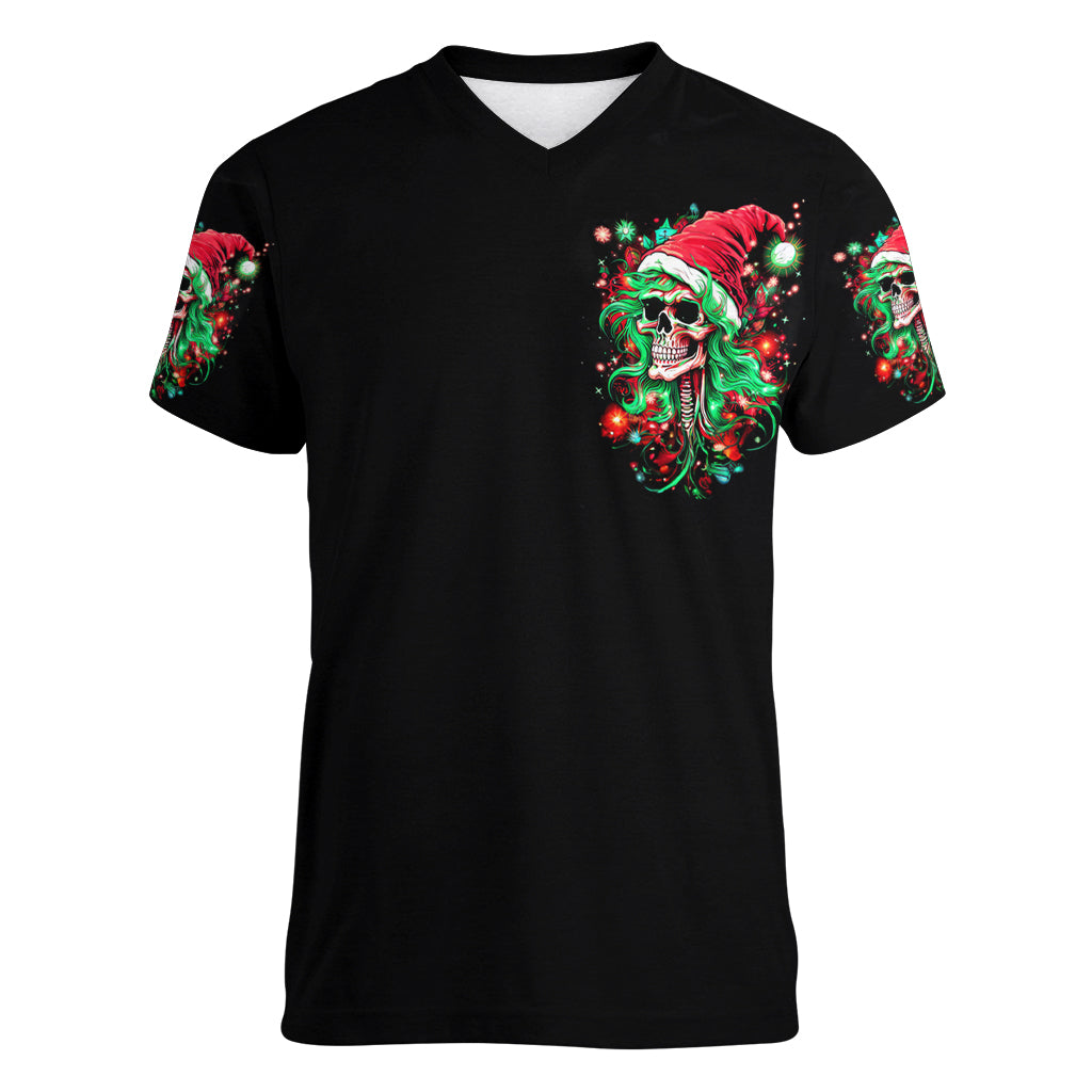 Skull Santa Girl Women V Neck T Shirt Is This Jolly Enough - Wonder Print Shop