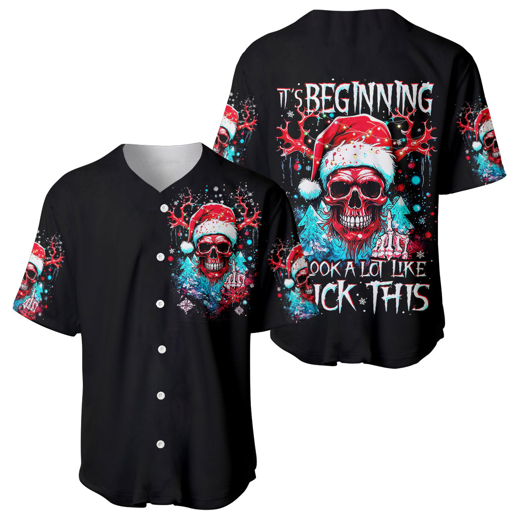 Skull Santa Claus Baseball Jersey It's Beginning To Look A Lot Like Fuck This - Wonder Print Shop