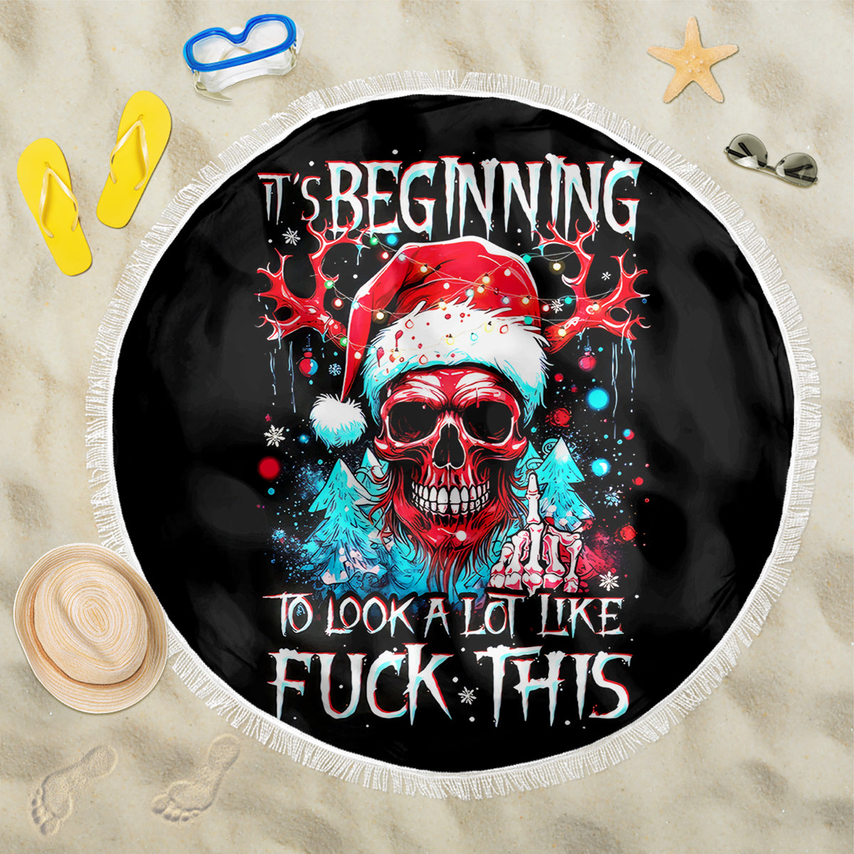 Skull Santa Claus Beach Blanket It's Beginning To Look A Lot Like Fuck This - Wonder Print Shop