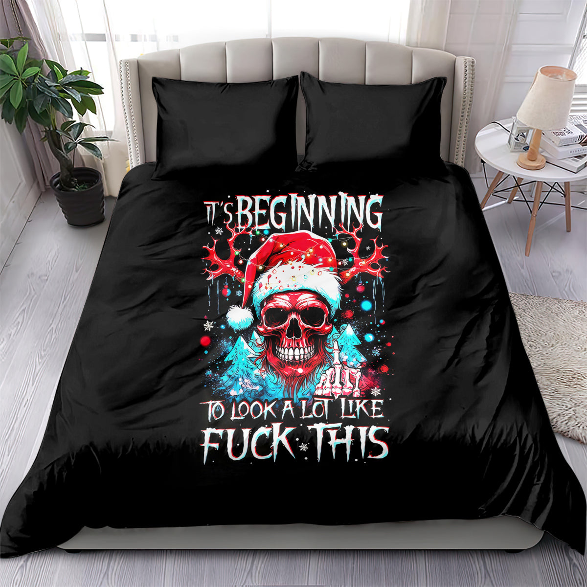 Skull Santa Claus Bedding Set It's Beginning To Look A Lot Like Fuck This - Wonder Print Shop
