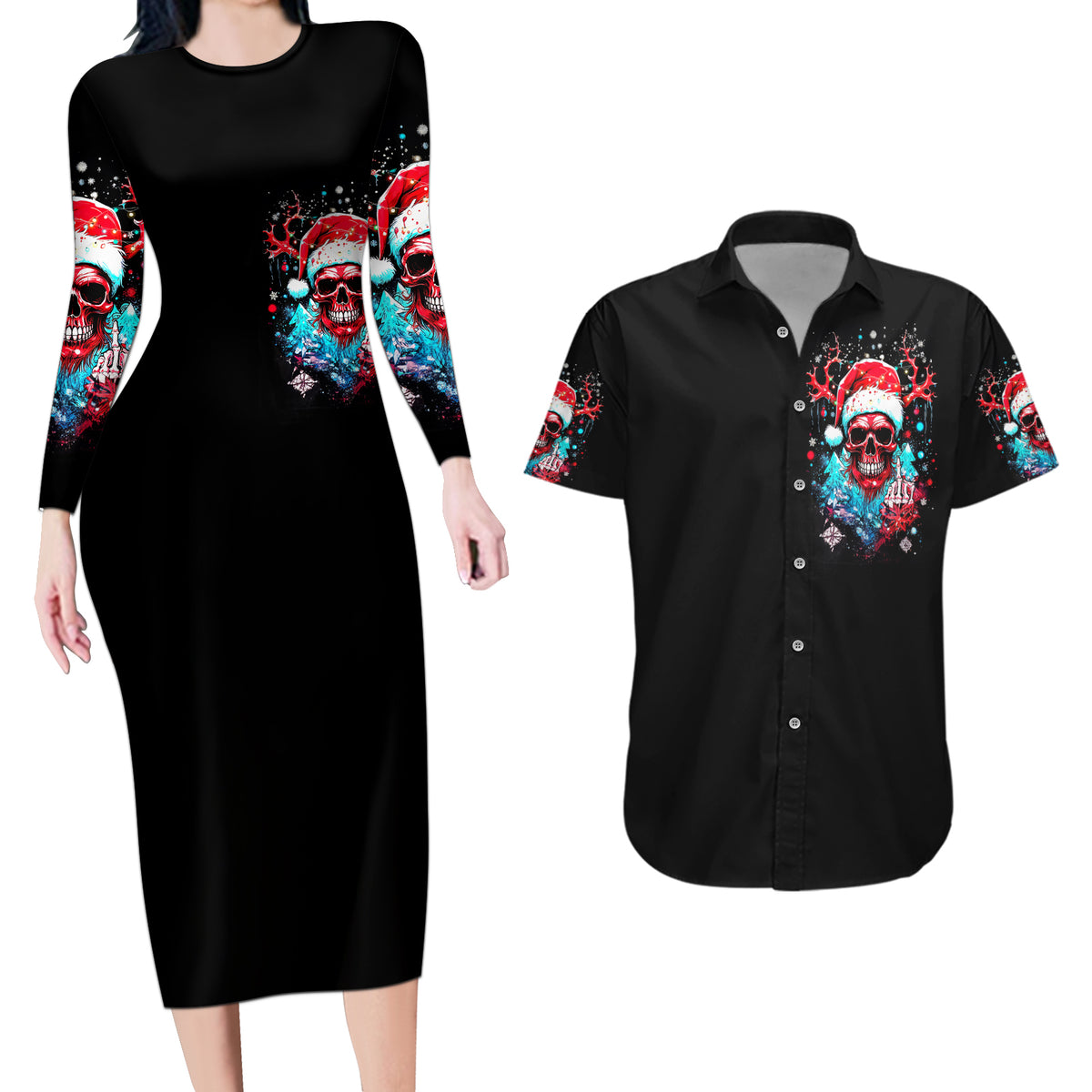 Skull Santa Claus Couples Matching Long Sleeve Bodycon Dress and Hawaiian Shirt It's Beginning To Look A Lot Like Fuck This - Wonder Print Shop