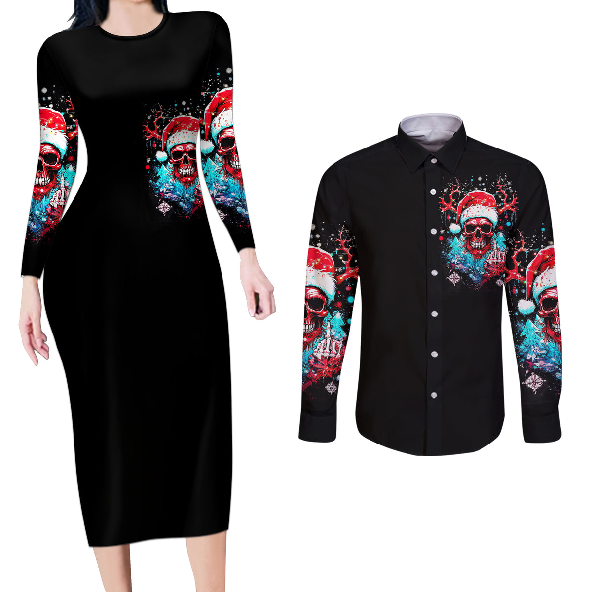 Skull Santa Claus Couples Matching Long Sleeve Bodycon Dress and Long Sleeve Button Shirt It's Beginning To Look A Lot Like Fuck This - Wonder Print Shop