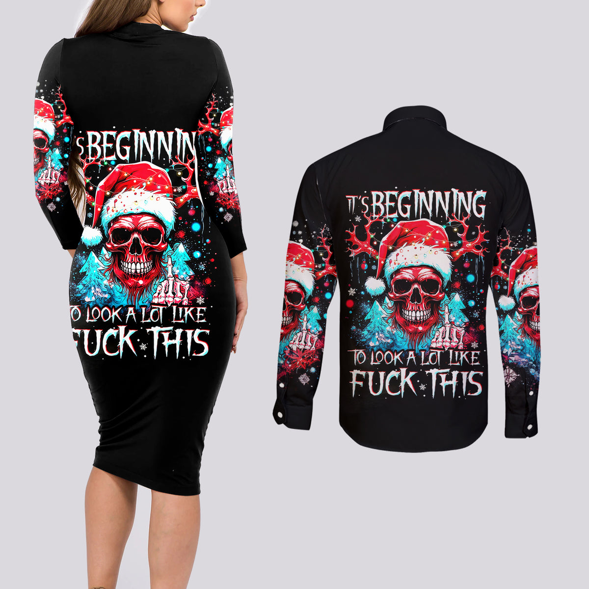 Skull Santa Claus Couples Matching Long Sleeve Bodycon Dress and Long Sleeve Button Shirt It's Beginning To Look A Lot Like Fuck This - Wonder Print Shop