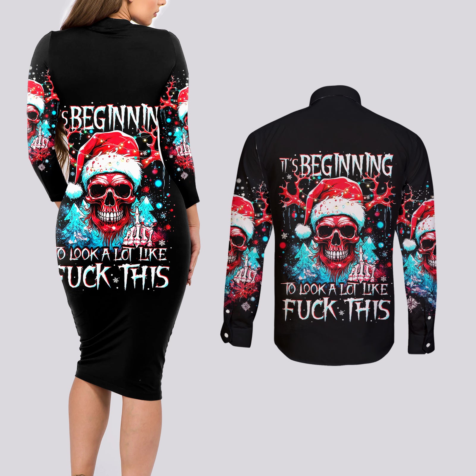 Skull Santa Claus Couples Matching Long Sleeve Bodycon Dress and Long Sleeve Button Shirt It's Beginning To Look A Lot Like Fuck This - Wonder Print Shop