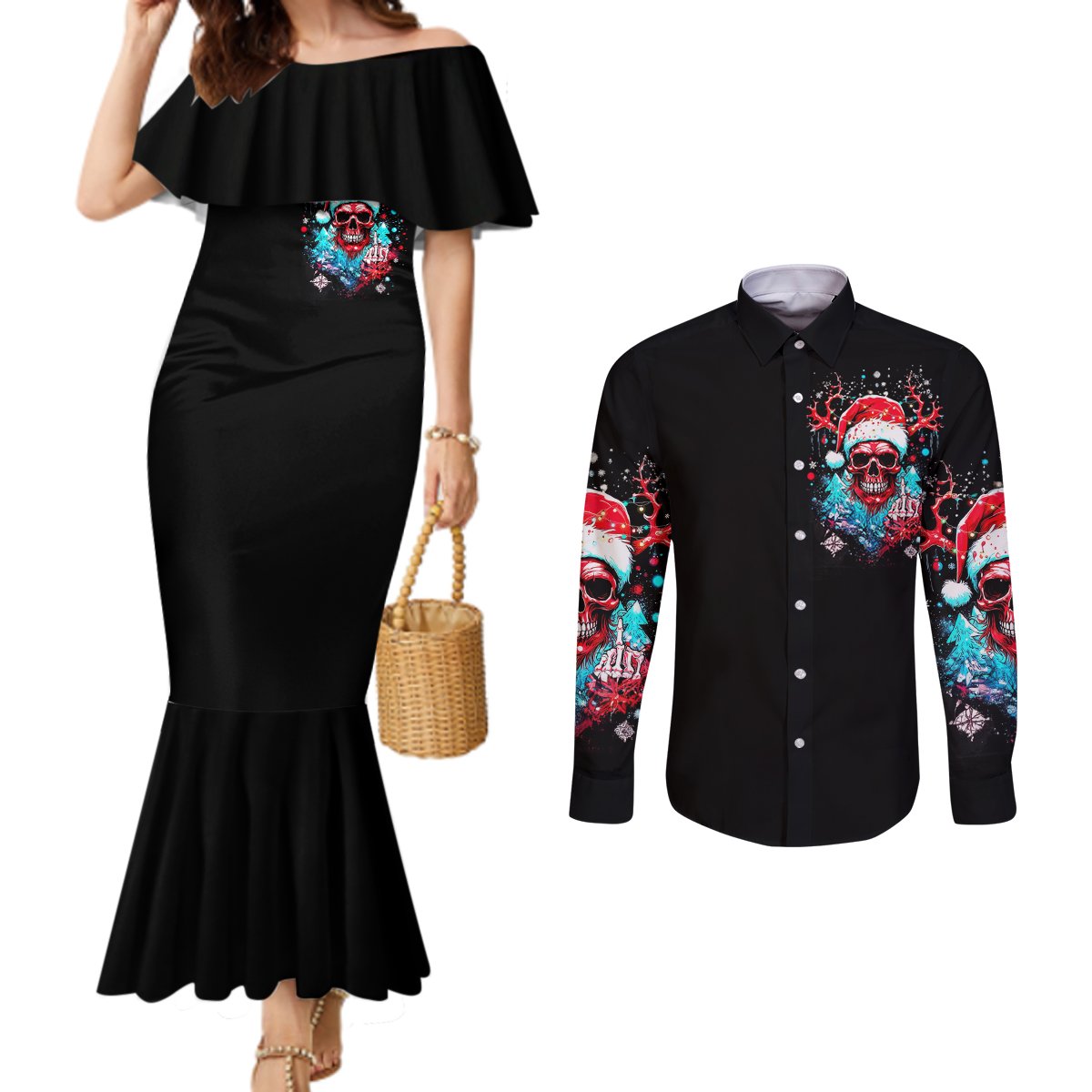 skull-santa-claus-couples-matching-mermaid-dress-and-long-sleeve-button-shirt-its-beginning-to-look-a-lot-like-fuck-this