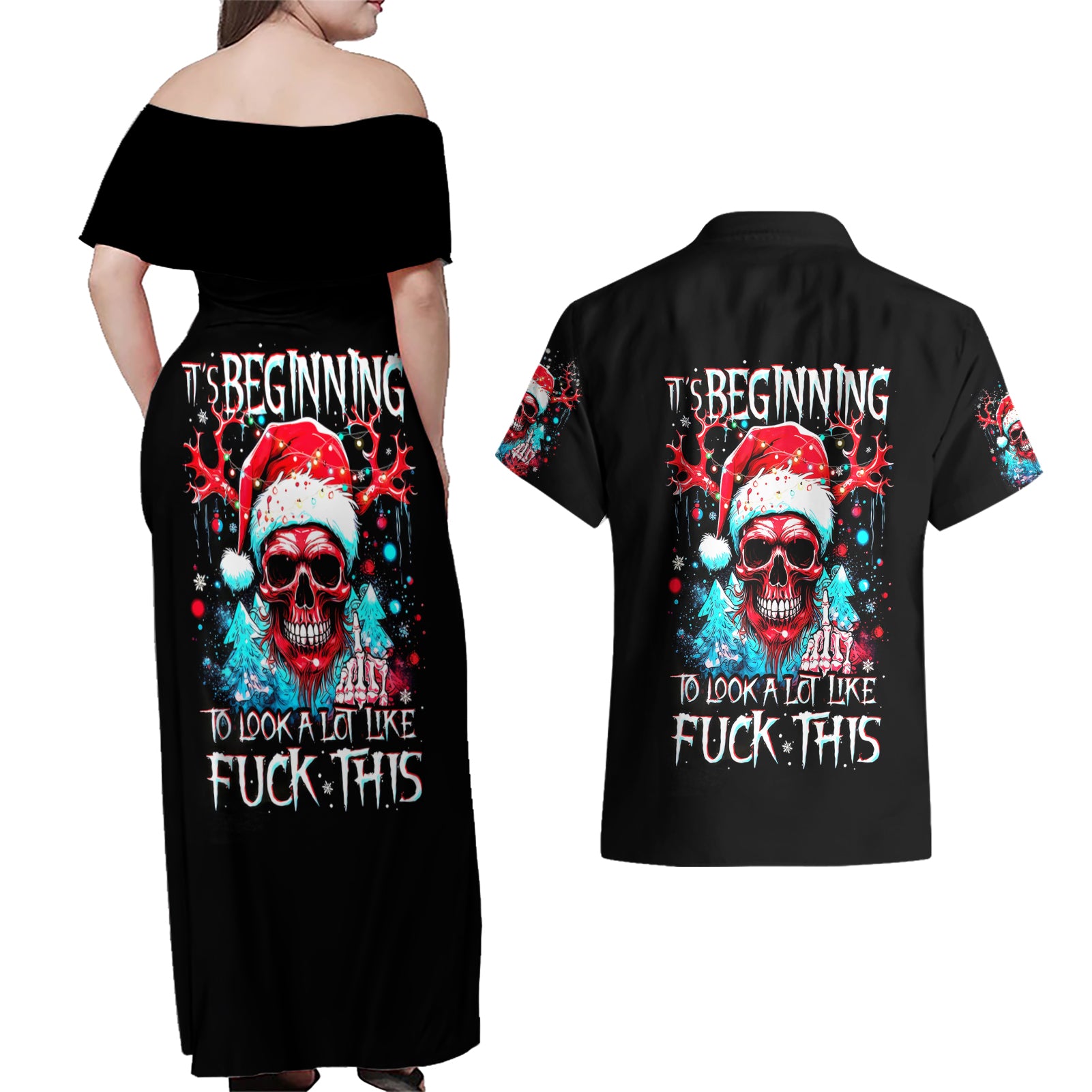 Skull Santa Claus Couples Matching Off Shoulder Maxi Dress and Hawaiian Shirt It's Beginning To Look A Lot Like Fuck This - Wonder Print Shop