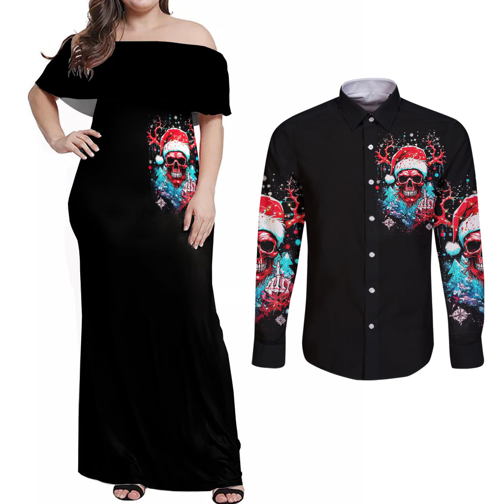 Skull Santa Claus Couples Matching Off Shoulder Maxi Dress and Long Sleeve Button Shirt It's Beginning To Look A Lot Like Fuck This - Wonder Print Shop