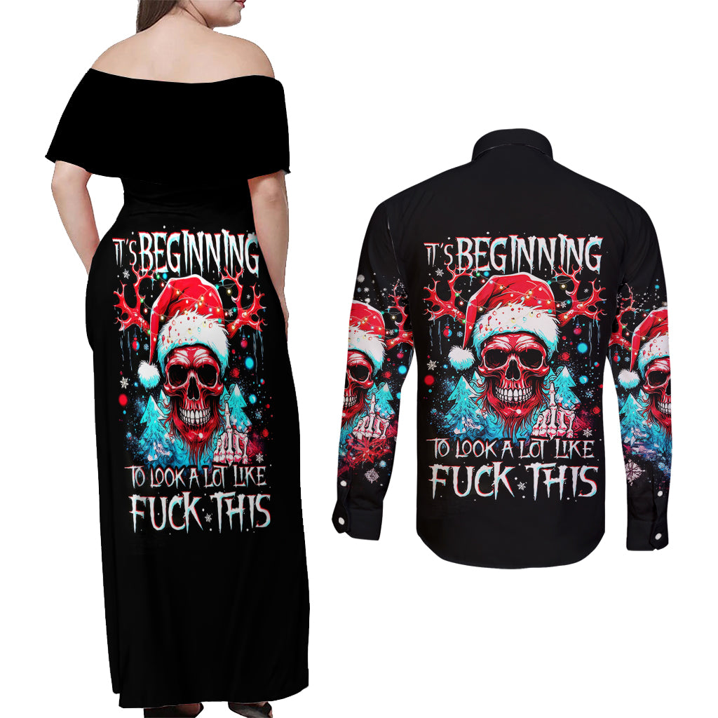 Skull Santa Claus Couples Matching Off Shoulder Maxi Dress and Long Sleeve Button Shirt It's Beginning To Look A Lot Like Fuck This - Wonder Print Shop