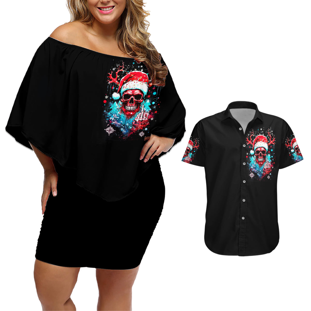 Skull Santa Claus Couples Matching Off Shoulder Short Dress and Hawaiian Shirt It's Beginning To Look A Lot Like Fuck This - Wonder Print Shop