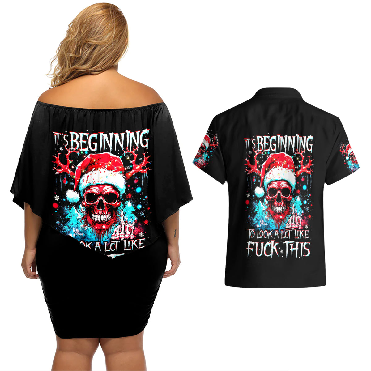 Skull Santa Claus Couples Matching Off Shoulder Short Dress and Hawaiian Shirt It's Beginning To Look A Lot Like Fuck This - Wonder Print Shop