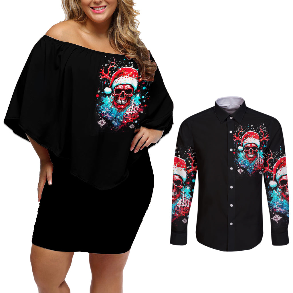 Skull Santa Claus Couples Matching Off Shoulder Short Dress and Long Sleeve Button Shirt It's Beginning To Look A Lot Like Fuck This - Wonder Print Shop