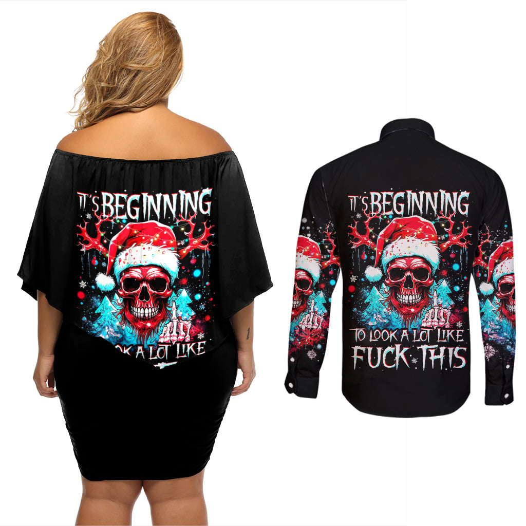 Skull Santa Claus Couples Matching Off Shoulder Short Dress and Long Sleeve Button Shirt It's Beginning To Look A Lot Like Fuck This - Wonder Print Shop