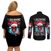 Skull Santa Claus Couples Matching Off Shoulder Short Dress and Long Sleeve Button Shirt It's Beginning To Look A Lot Like Fuck This - Wonder Print Shop