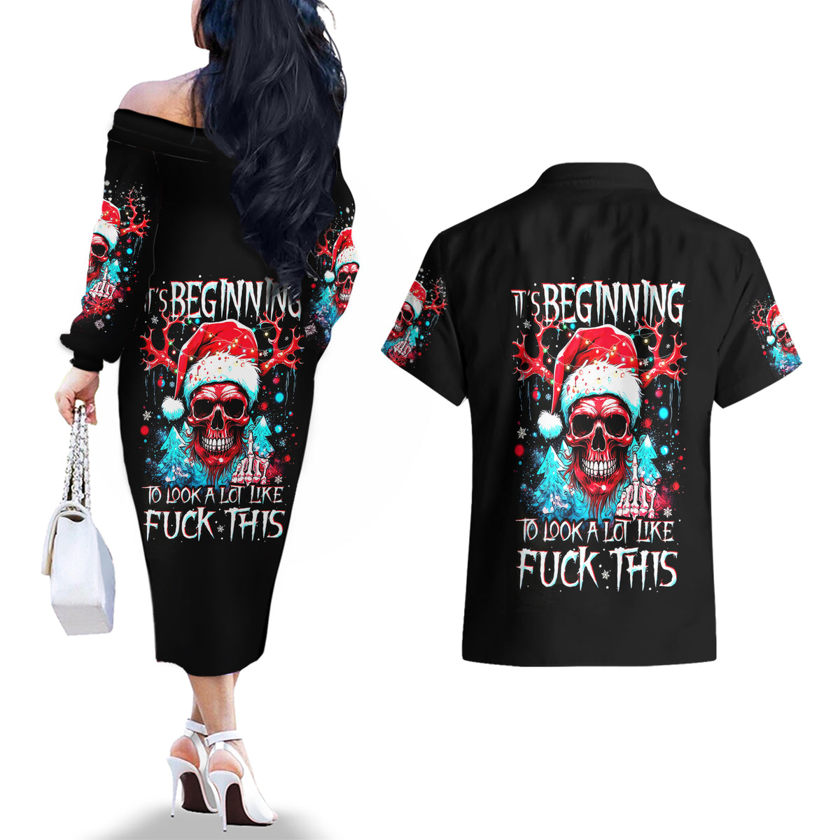 Skull Santa Claus Couples Matching Off The Shoulder Long Sleeve Dress and Hawaiian Shirt It's Beginning To Look A Lot Like Fuck This - Wonder Print Shop