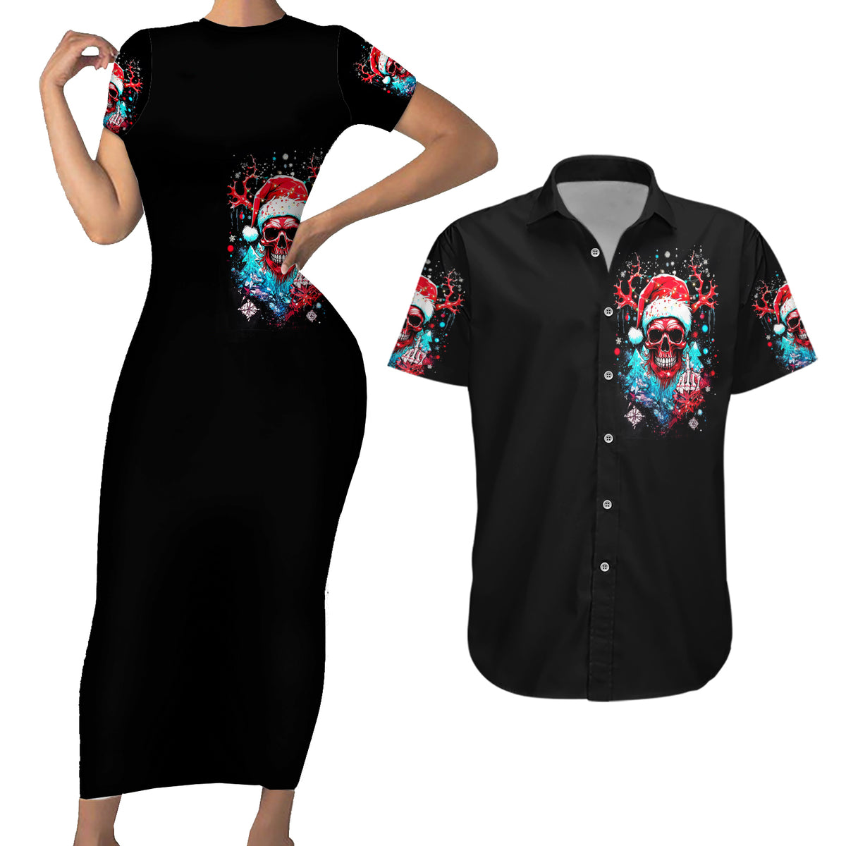 Skull Santa Claus Couples Matching Short Sleeve Bodycon Dress and Hawaiian Shirt It's Beginning To Look A Lot Like Fuck This - Wonder Print Shop